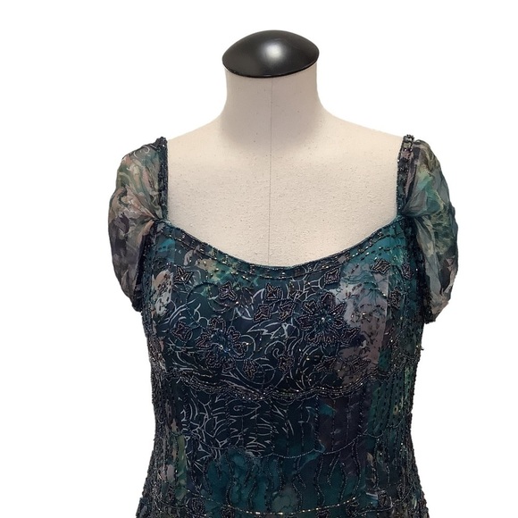 MONTAGE by‎ MON CHERI Floral Silk Beaded Tea Length Dress - Size 12 - Picture 11 of 16